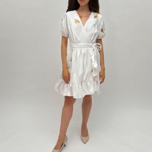 Linen and cotton dress with embroidered golden birds