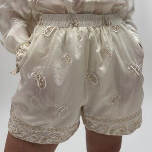 Embroidered Beige Shorts with Elastic Waist