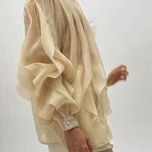 Distinctive Blouse with 3D Pleats and Pearl Buttons