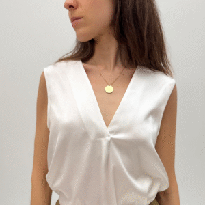 Satin-Finish Sleeveless Blouse with Tie-Neck