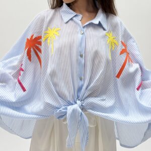 Summer striped blouse with colorful palm appliqués