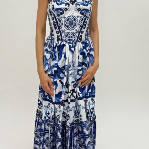 Long Italian-style dress with ceramic-inspired print